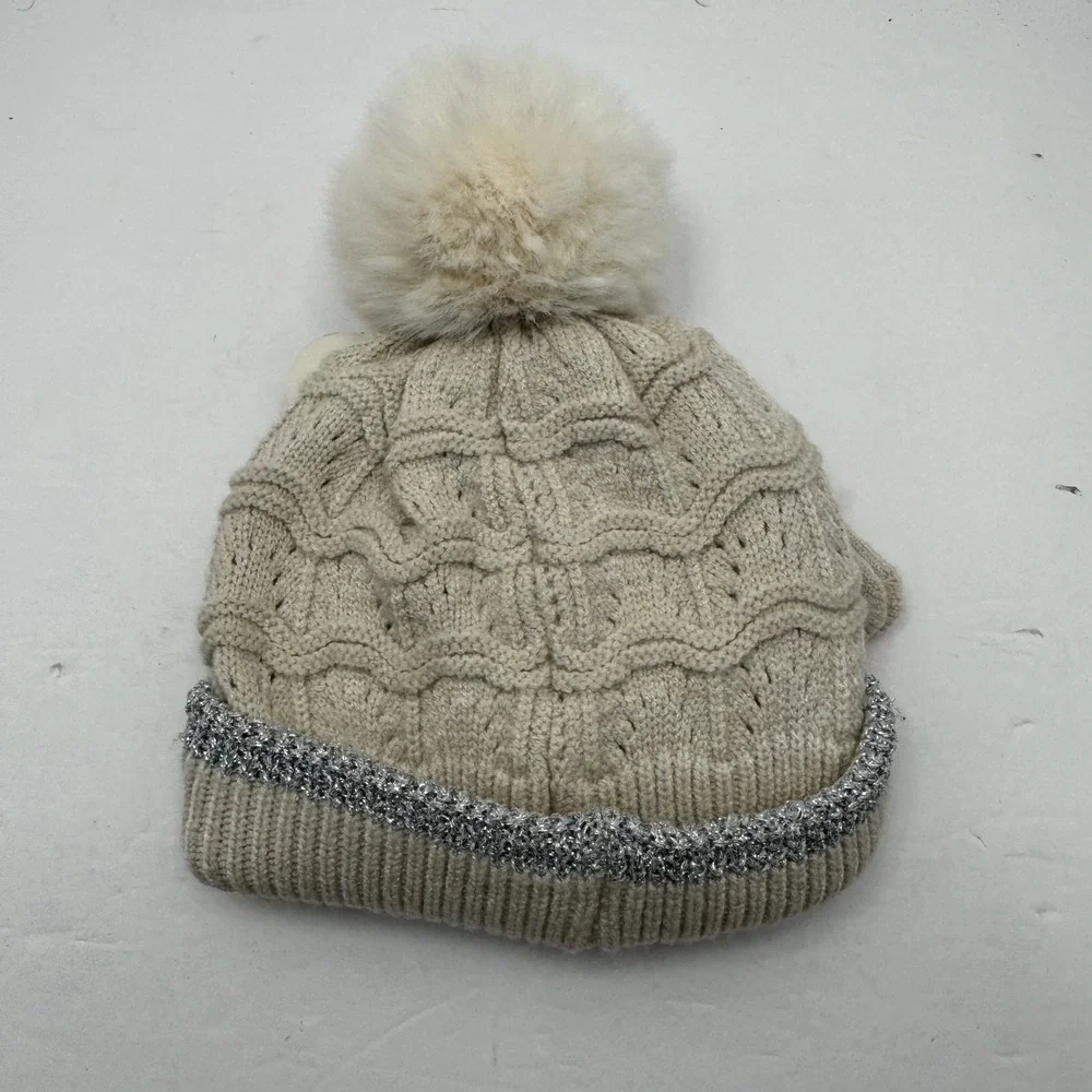 Laura Ashley Hat & Mittens Set Girls‎ 12-24M Beige Silver Heart Pom Beanie NWT